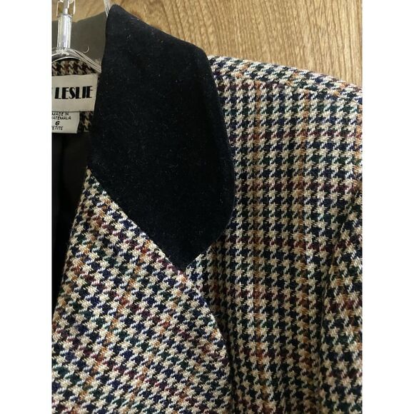 Vintage Joan Leslie Blazer Wool Blend Houndstooth Naturals Velvet Collar 6P - Picture 15 of 15